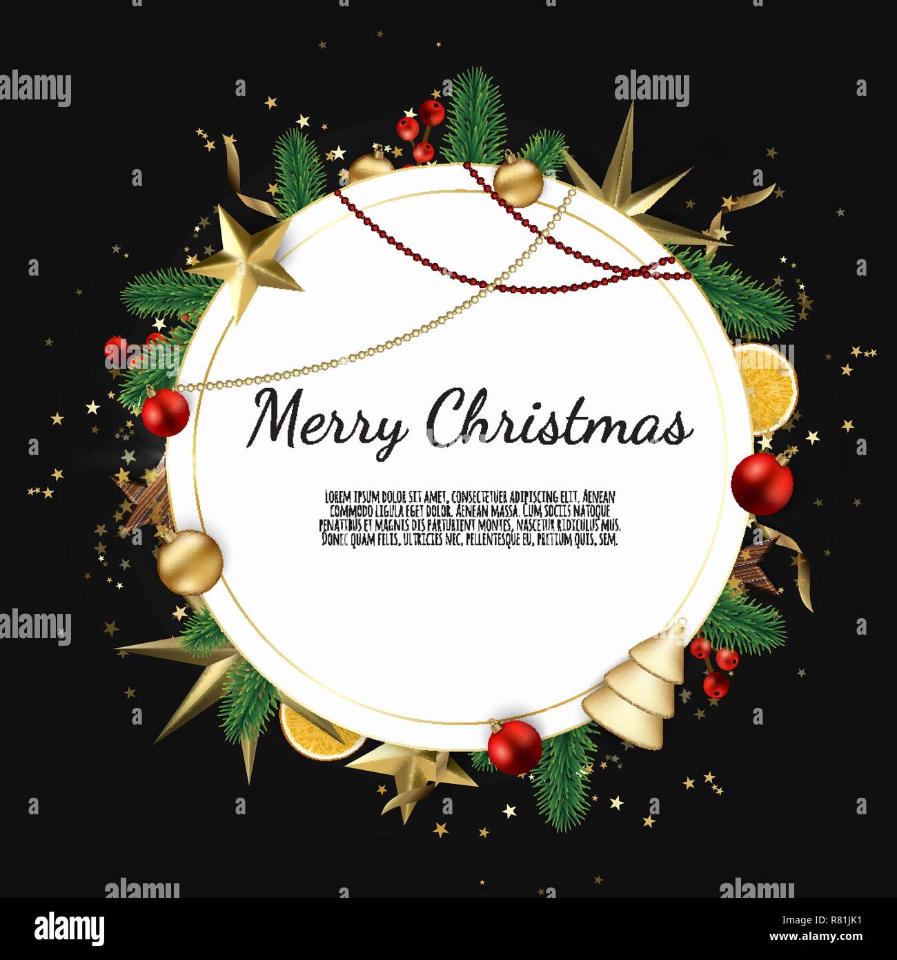 Buon Natale e Felice Anno Nuovo. Xmas sfondo con scatola regalo, fiocchi di neve e le sfere di design. Illustrazione Vettoriale