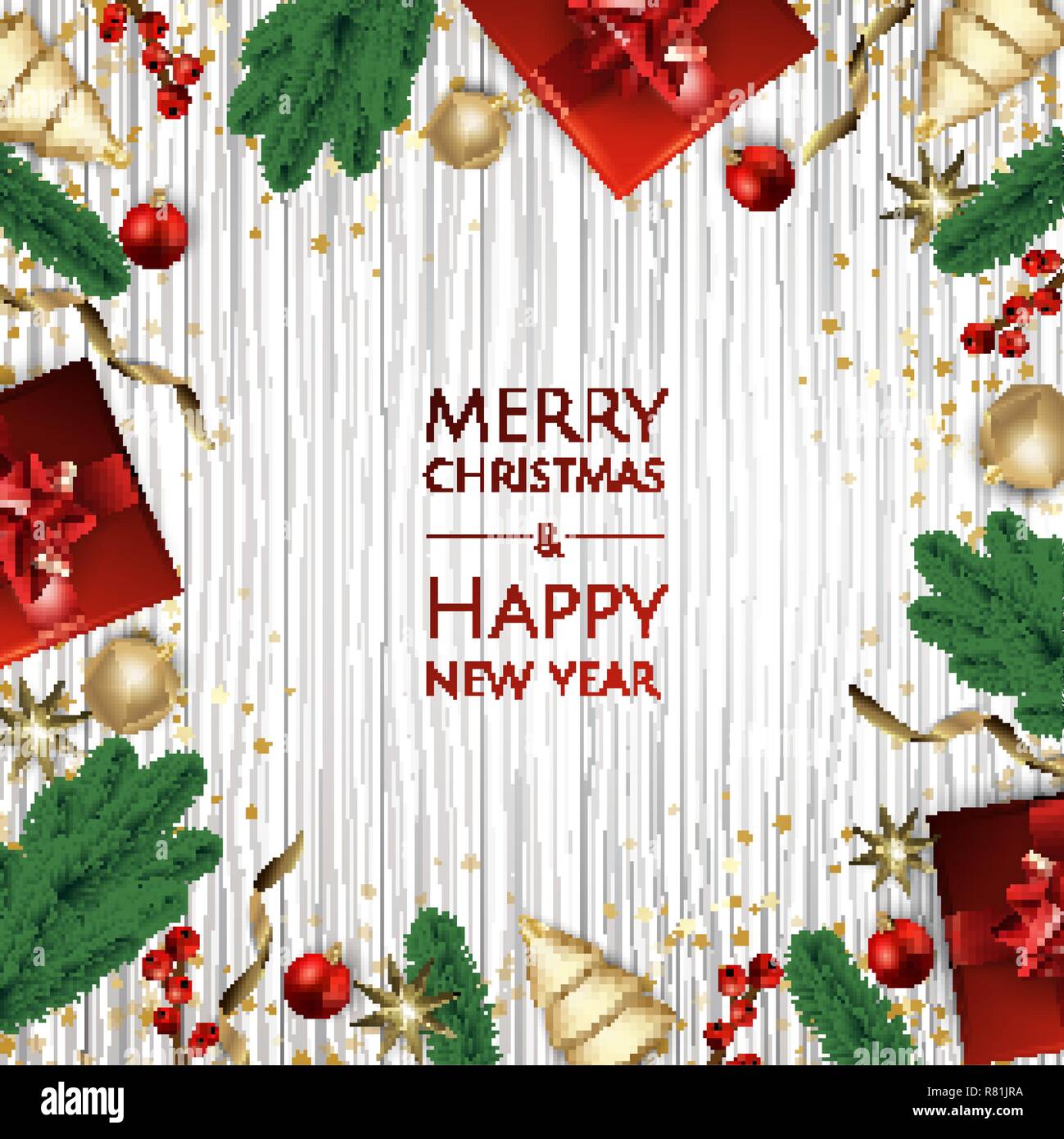 Buon Natale e Felice Anno Nuovo. Xmas sfondo con scatola regalo, fiocchi di neve e le sfere di design. Illustrazione Vettoriale