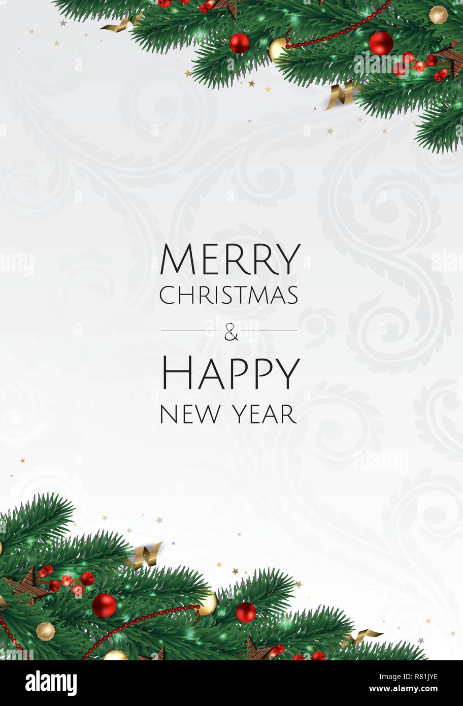 Buon Natale e Felice Anno Nuovo. Xmas sfondo con scatola regalo, fiocchi di neve e le sfere di design. Illustrazione Vettoriale