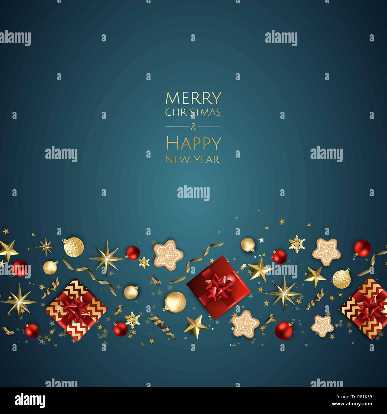 Buon Natale e Felice Anno Nuovo. Xmas sfondo con scatola regalo, fiocchi di neve e le sfere di design. Illustrazione Vettoriale