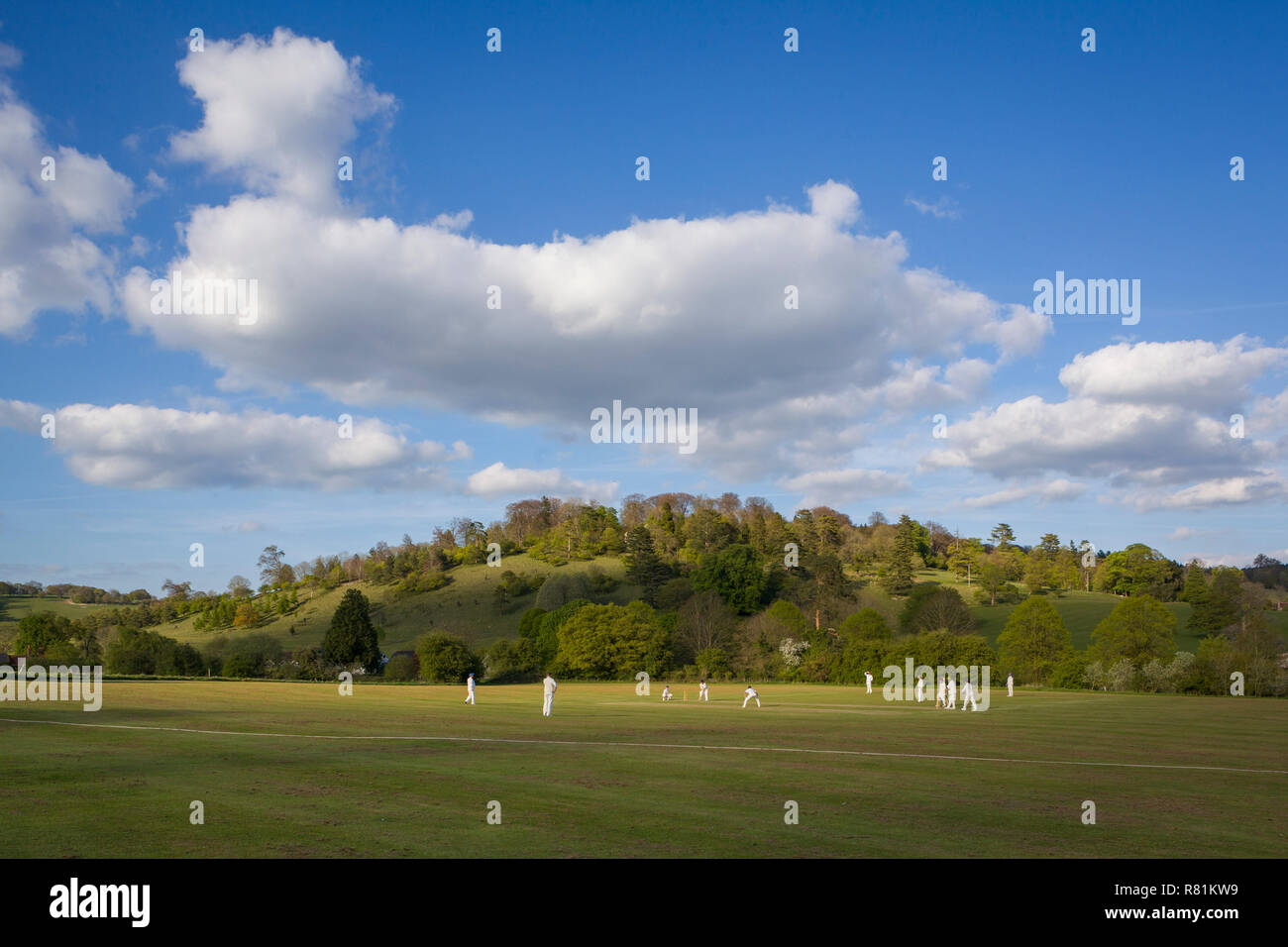 Un villaggio partita di cricket sotto il cielo blu con nuvole cumulus a Stonor, Oxfordshire Foto Stock