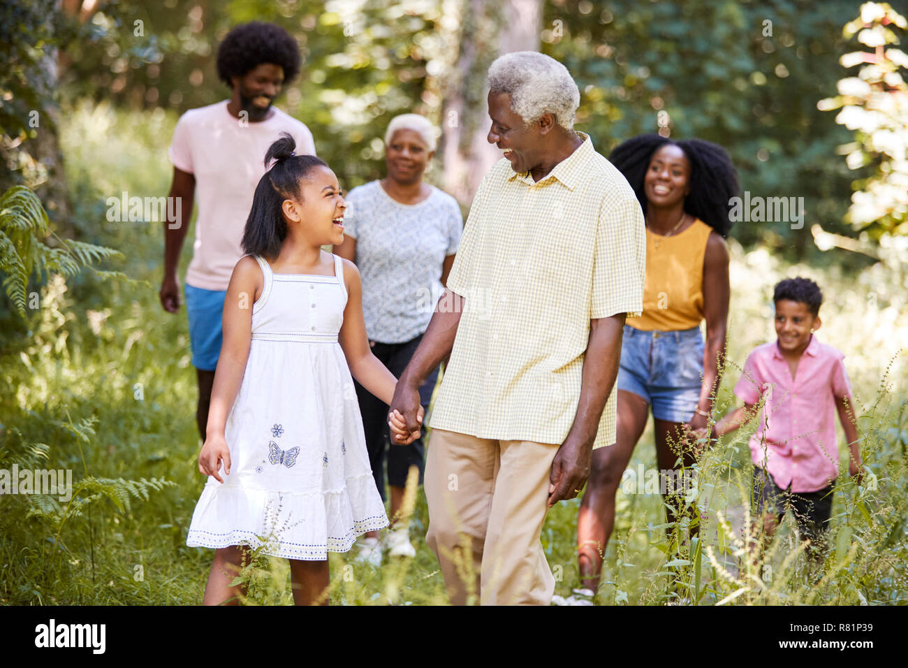 Senior uomo nero e nipote a piedi con la famiglia nel bosco Foto Stock