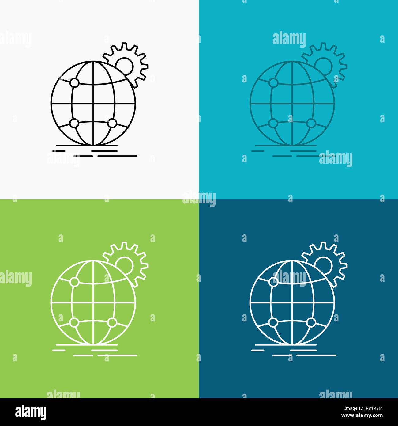 International Business, Globe, world wide, icona a ingranaggio su vari Background. Linea design di stile, progettato per il web e app. Eps 10 illustrazione vettoriale Illustrazione Vettoriale