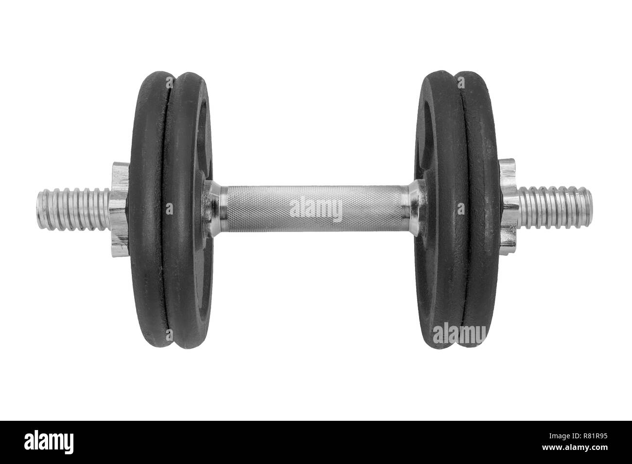 Metallo nero palestra manubri cromati con impugnatura d'argento isolato su sfondo bianco. Foto Stock