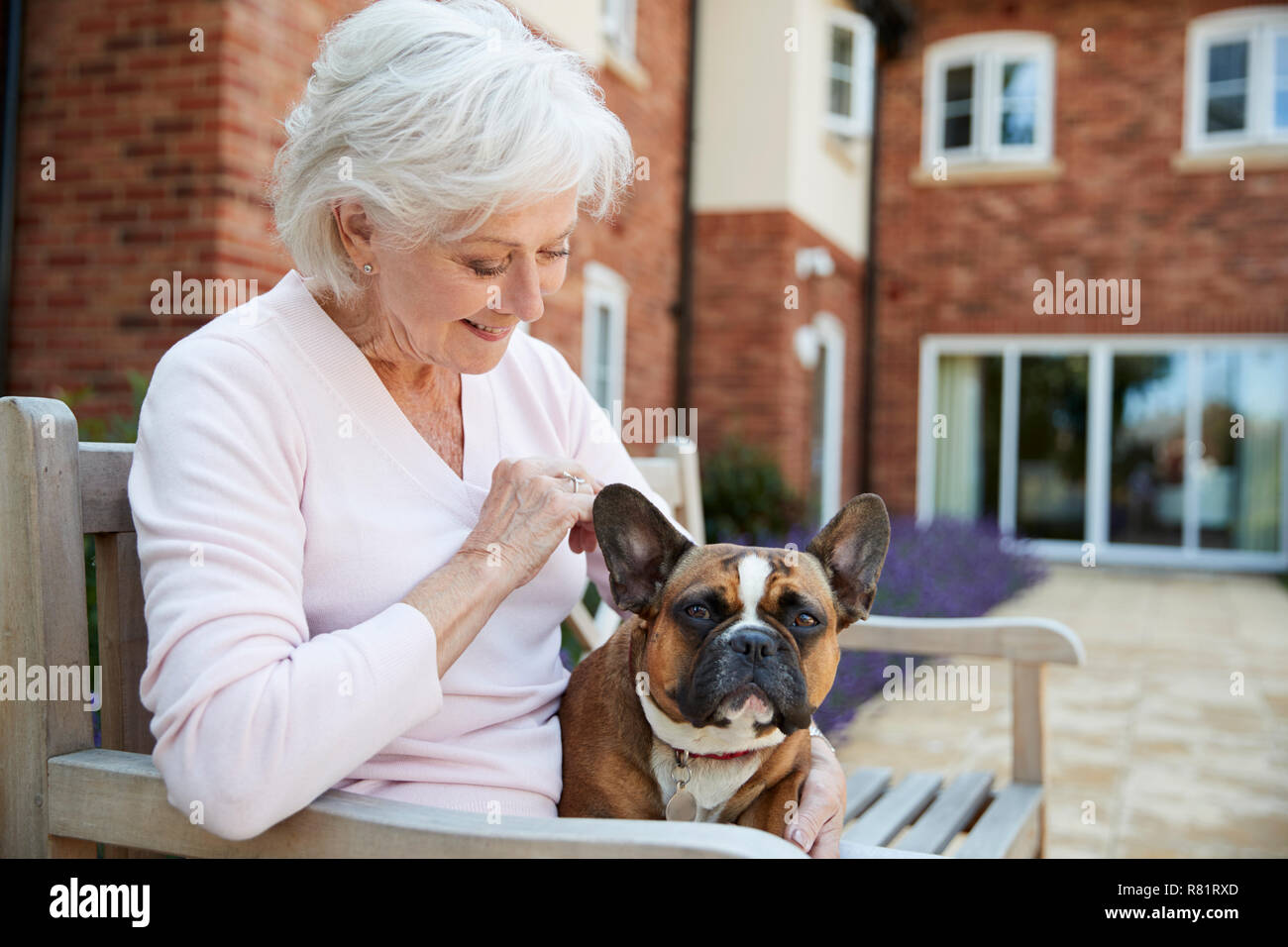 Senior donna seduta su un banco di lavoro con Pet bulldog francese in Assisted Living Facility Foto Stock