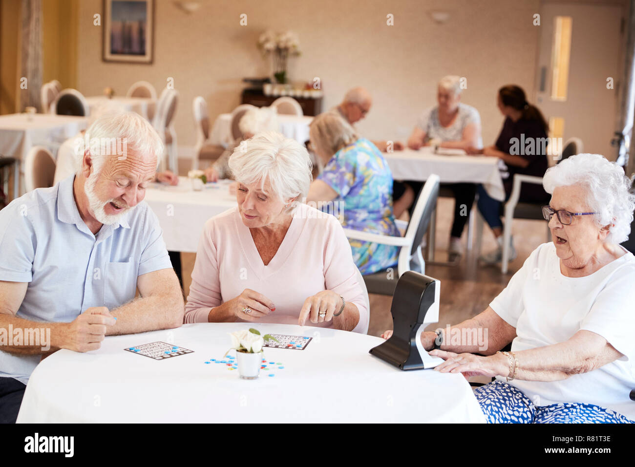 Un gruppo di anziani del Gioco del Bingo in casa di riposo Foto Stock