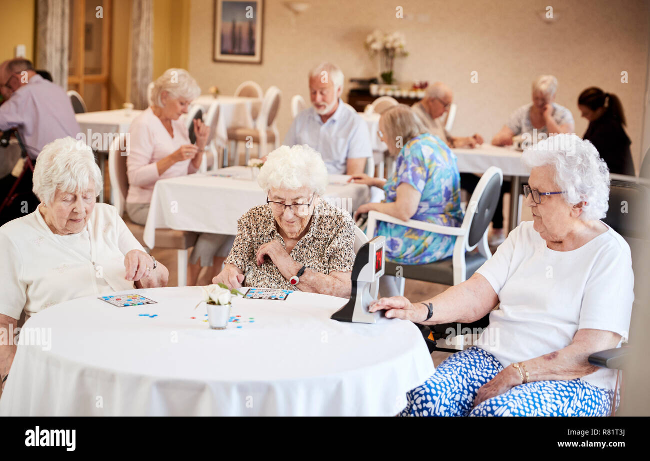 Un gruppo di anziani del Gioco del Bingo in casa di riposo Foto Stock