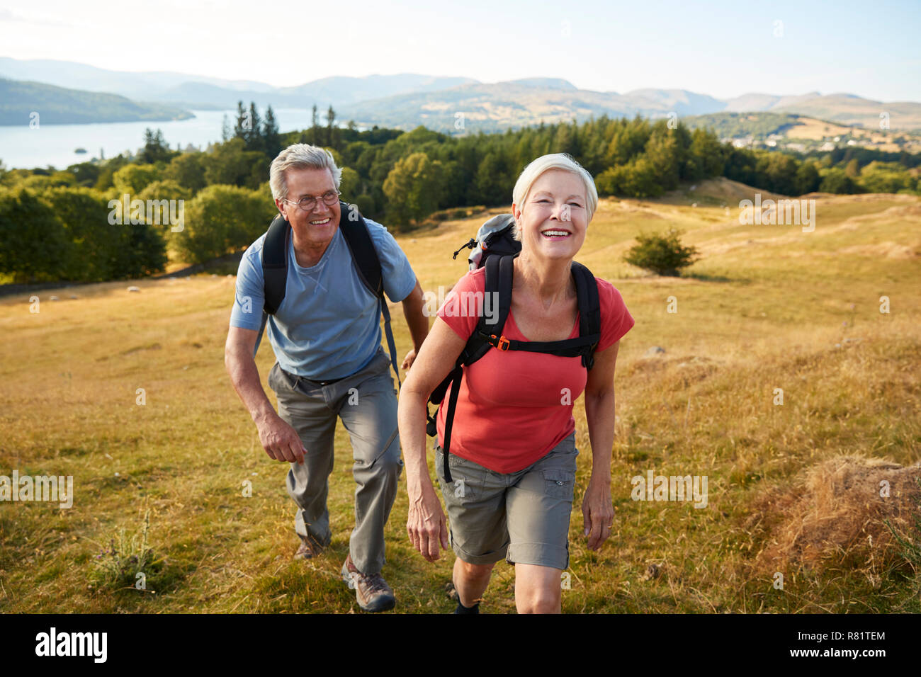 Ritratto di coppia Senior Salita sulla passeggiata attraverso la campagna nel Lake District UK insieme Foto Stock