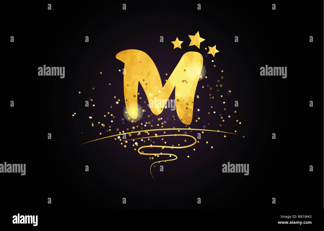 M lettera alfabeto con stella e di colore dorato adatto per la scheda icona o la tipografia logo design Illustrazione Vettoriale