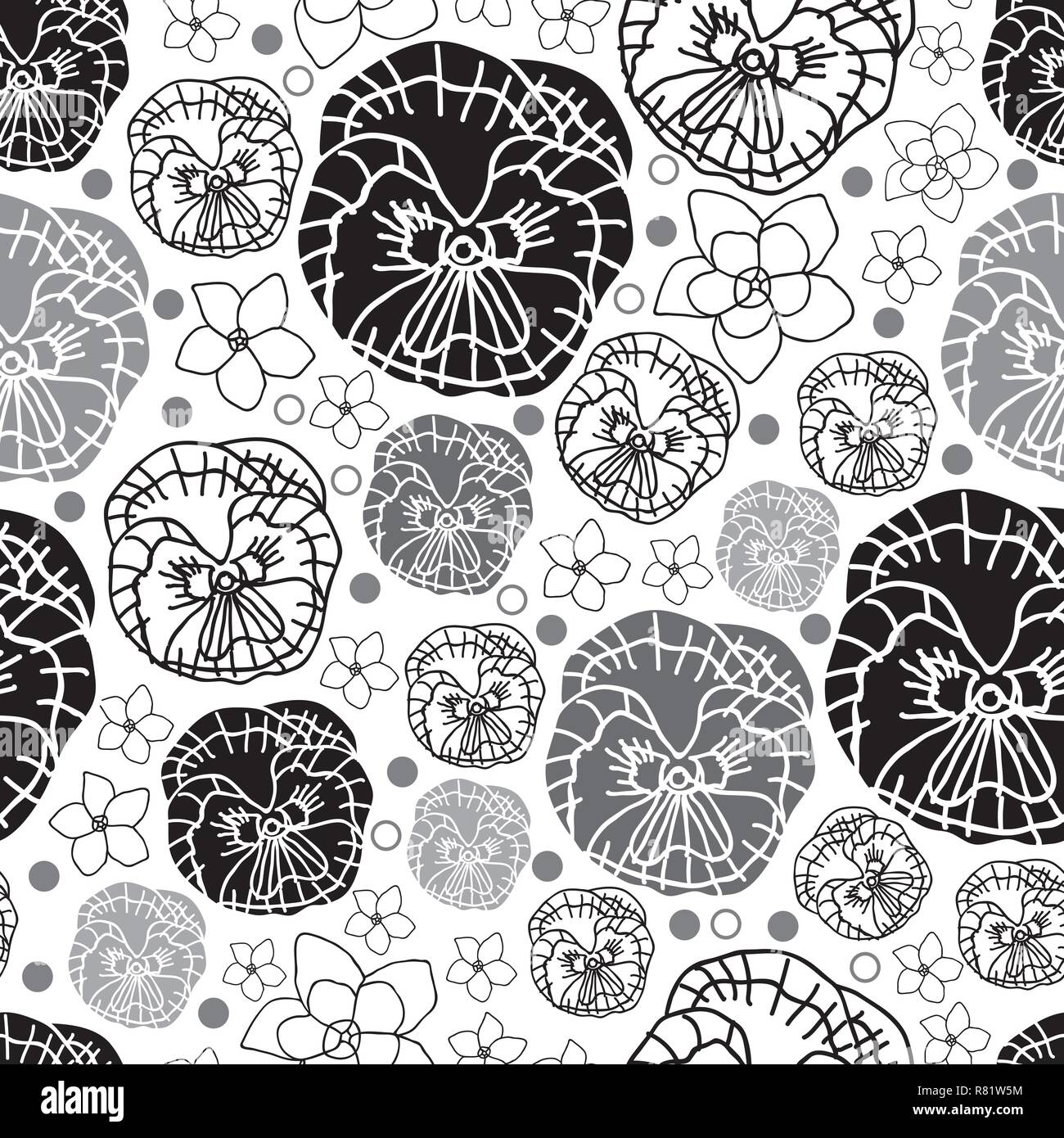 Pansy e Plumeria-Flowers in Bloom seamless schema di ripetizione sfondo in bianco e nero Illustrazione Vettoriale