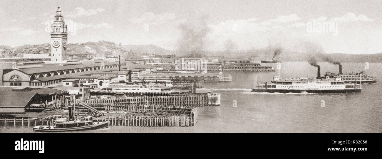 Il traghetto scivola nella parte anteriore del San Francisco Ferry Building, l'Embarcadero, San Francisco, California, Stati Uniti d'America, c.1915. Dalla splendida California, pubblicato 1915. Foto Stock