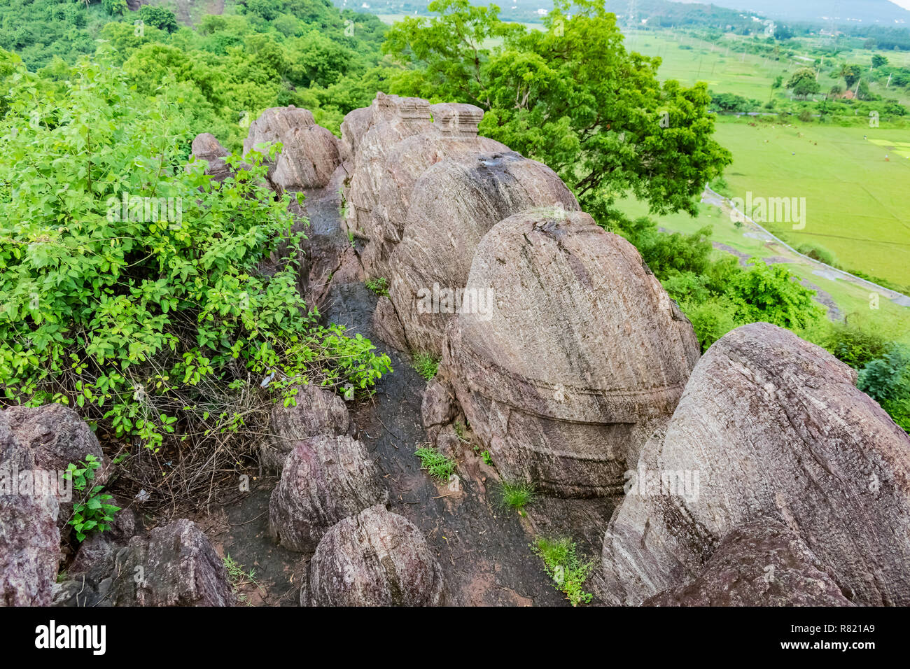 vista dall'alto di una grande roccia di forma circolare in cima a una collina che guarda bene con la foresta verde. Foto Stock
