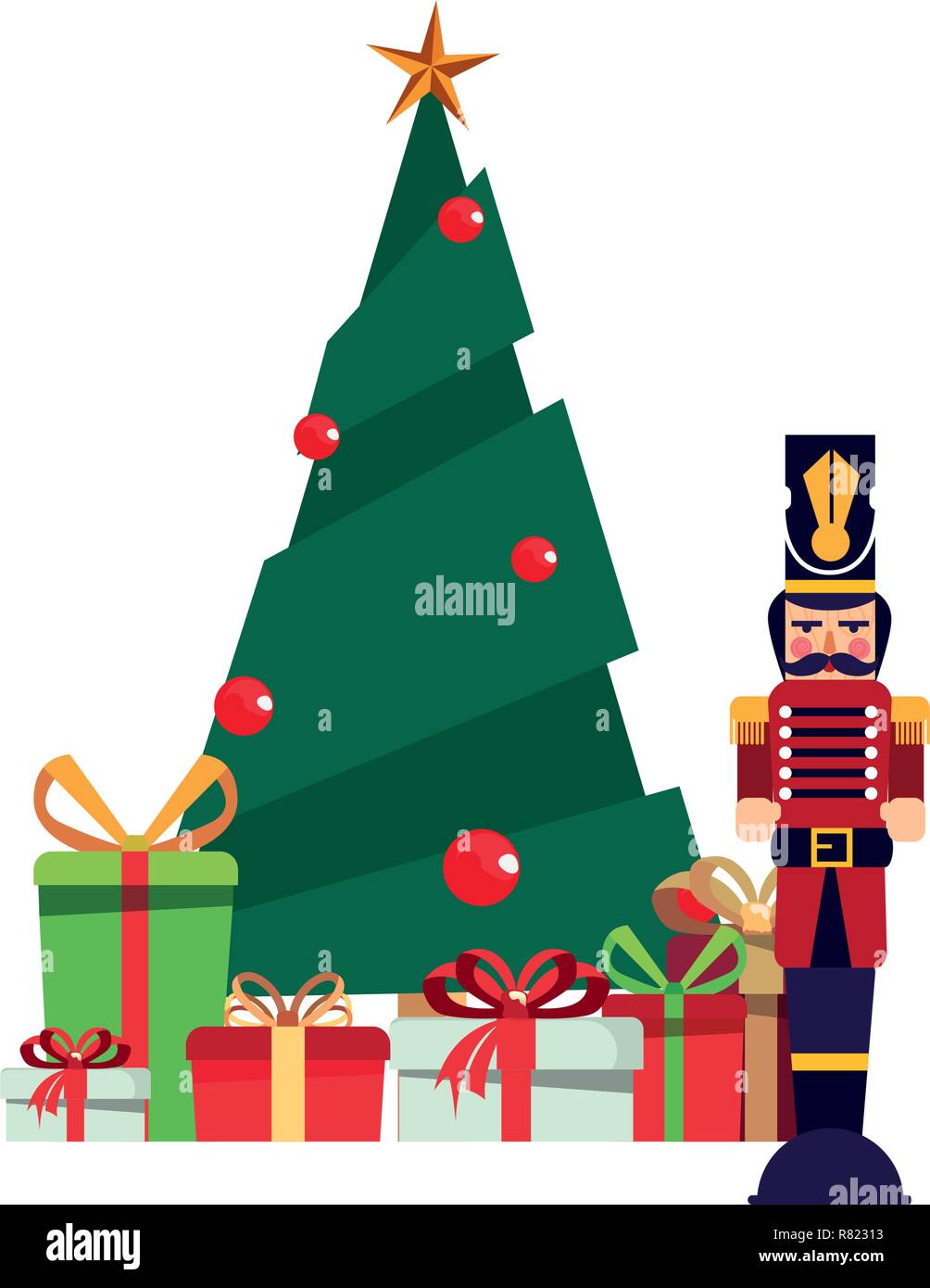 Albero di natale schiaccianoci e regali decorazione illustrazione vettoriale Illustrazione Vettoriale