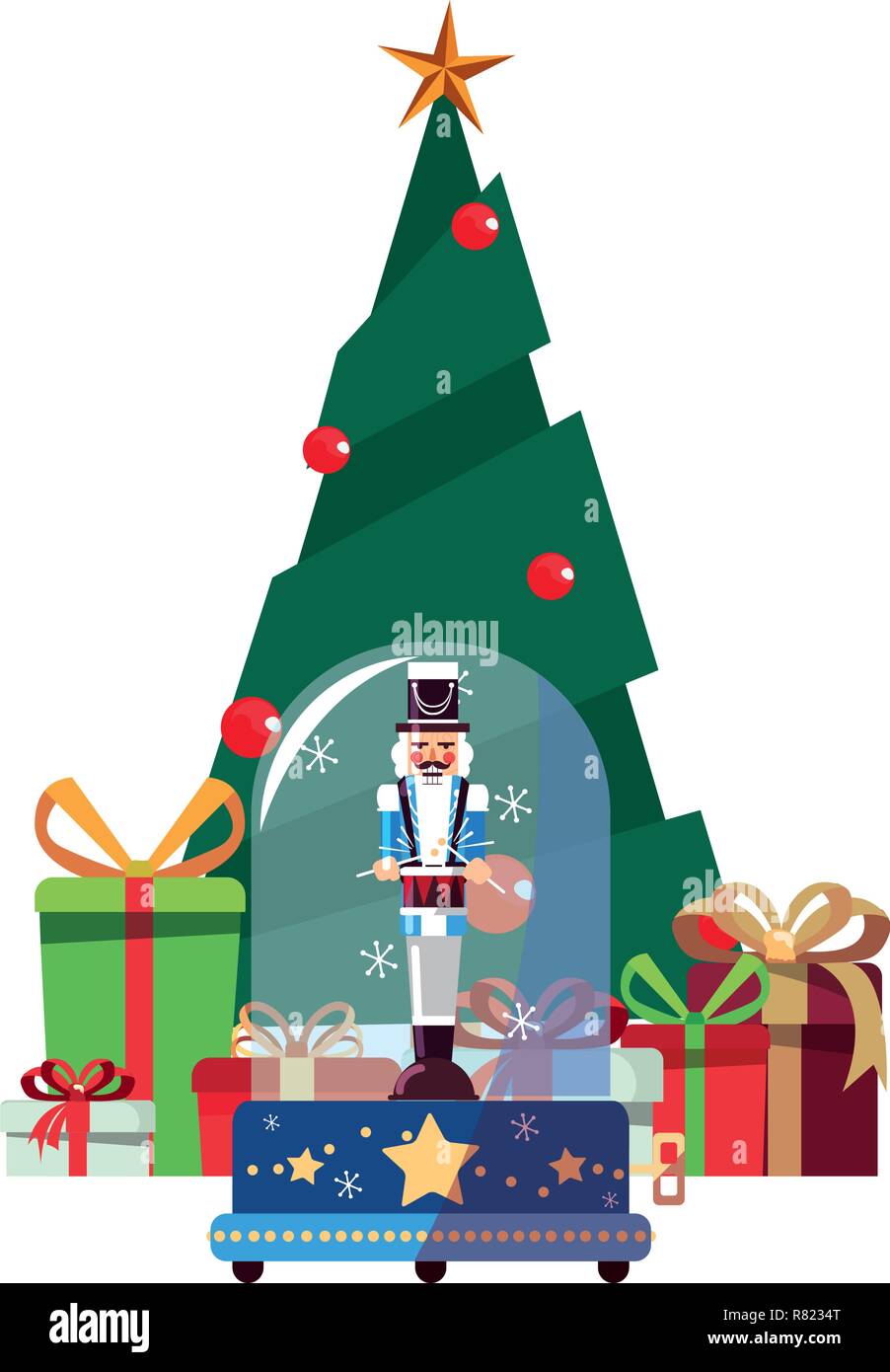 Albero di natale schiaccianoci e regali decorazione illustrazione vettoriale Illustrazione Vettoriale