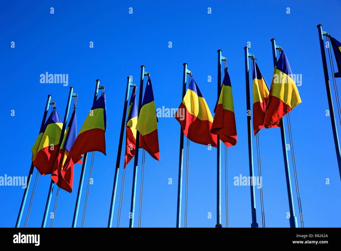 Il rumeno bandiere nazionali, Cluj-Napoca, deutsch Klausenburg, Siebenbürgen, Romania Foto Stock