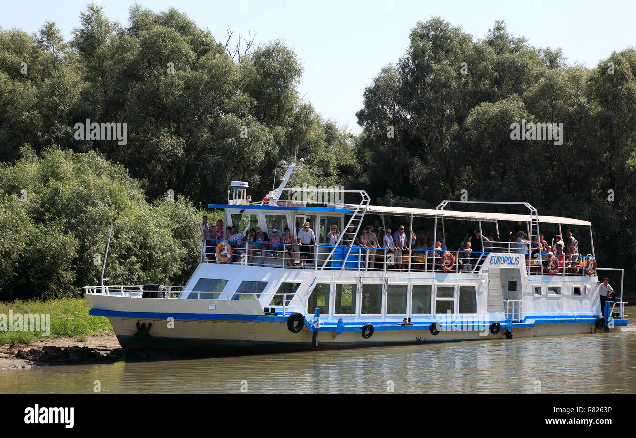 Escursione in barca nel Delta del Danubio Riserva della Biosfera, il Delta del Danubio Riserva della Biosfera, Tulcea, Tulcea contea, Romania Foto Stock