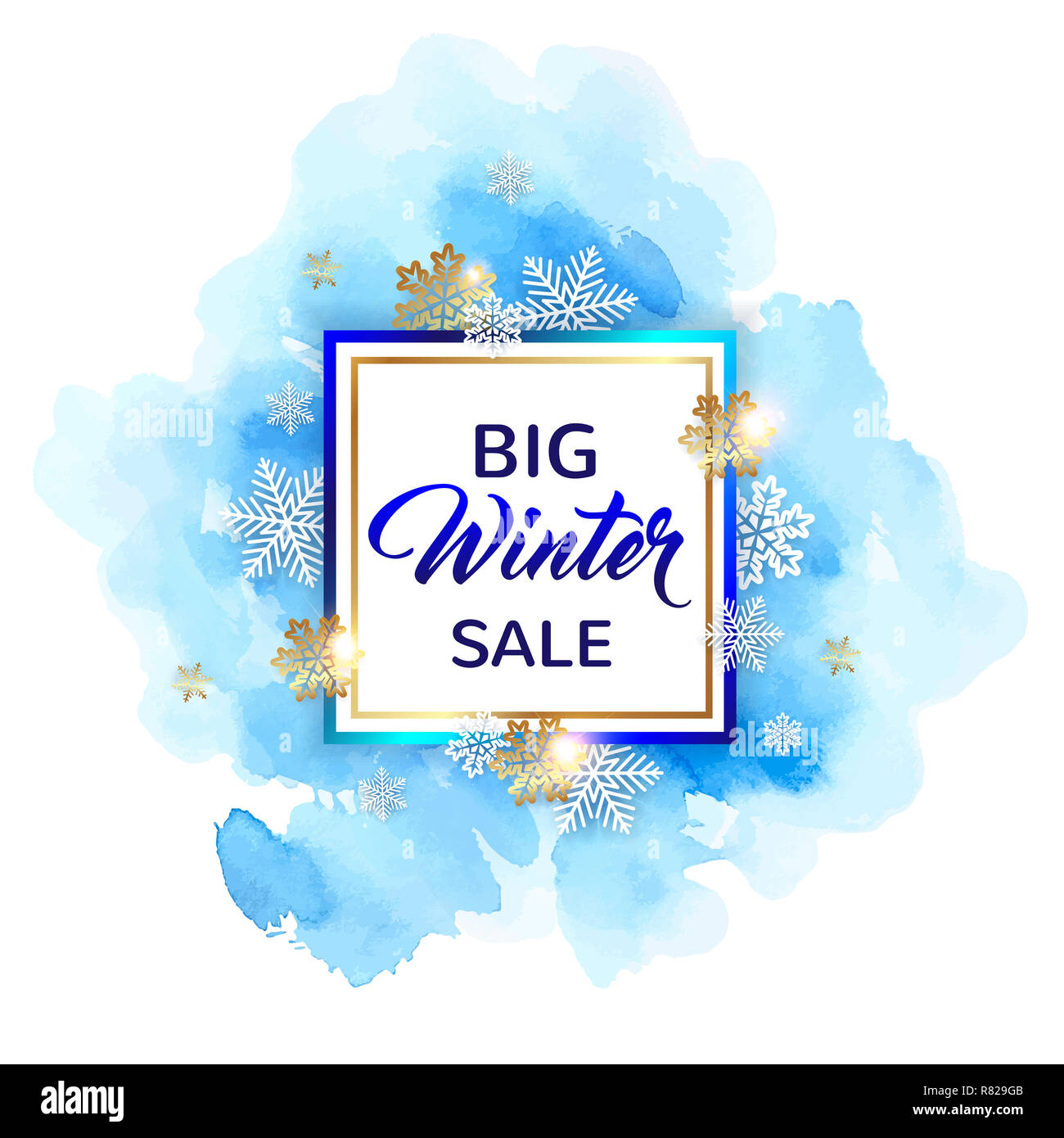 Inverno decorative frame con fiocchi di neve bianca e blu texture acquerello. Progettazione per la stagione di vendita di Natale Foto Stock
