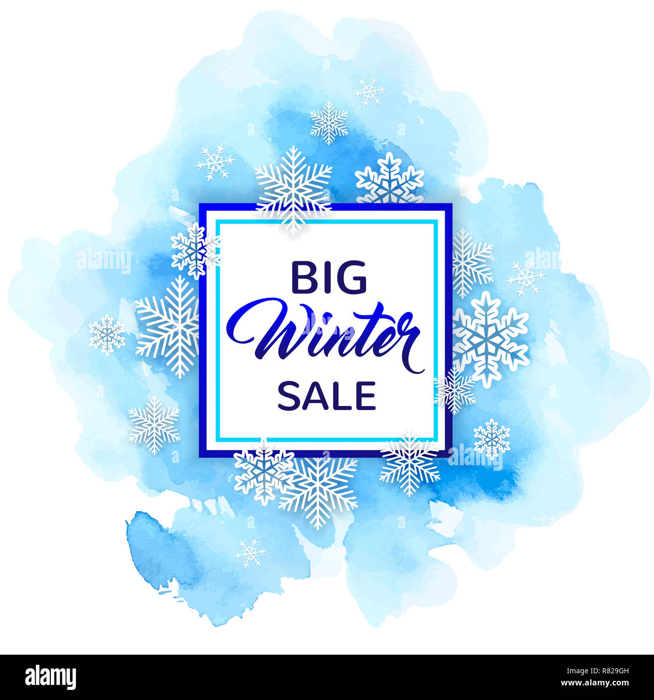 Inverno decorative frame con fiocchi di neve bianca e blu texture acquerello. Progettazione per la stagione di vendita di Natale Foto Stock