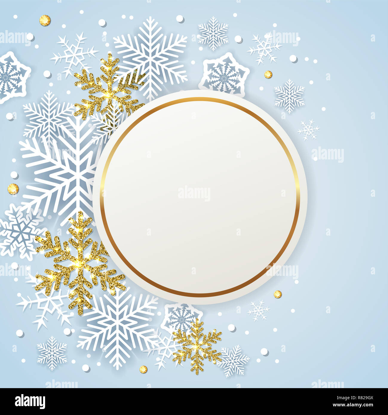 Round banner con bianca e oro fiocchi di neve su sfondo blu. Design per Capodanno e Natale. Foto Stock
