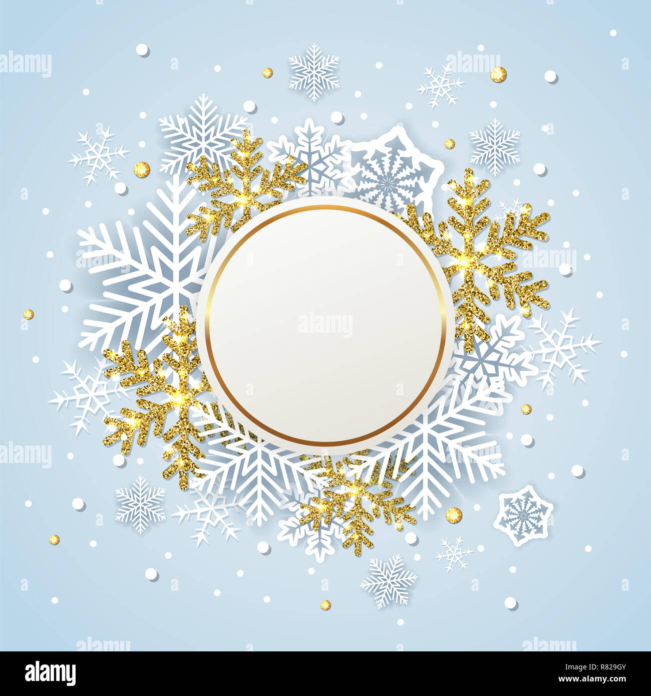 Round inverno banner con bianca e oro fiocchi di neve su sfondo blu. Design per Capodanno e Natale. Foto Stock