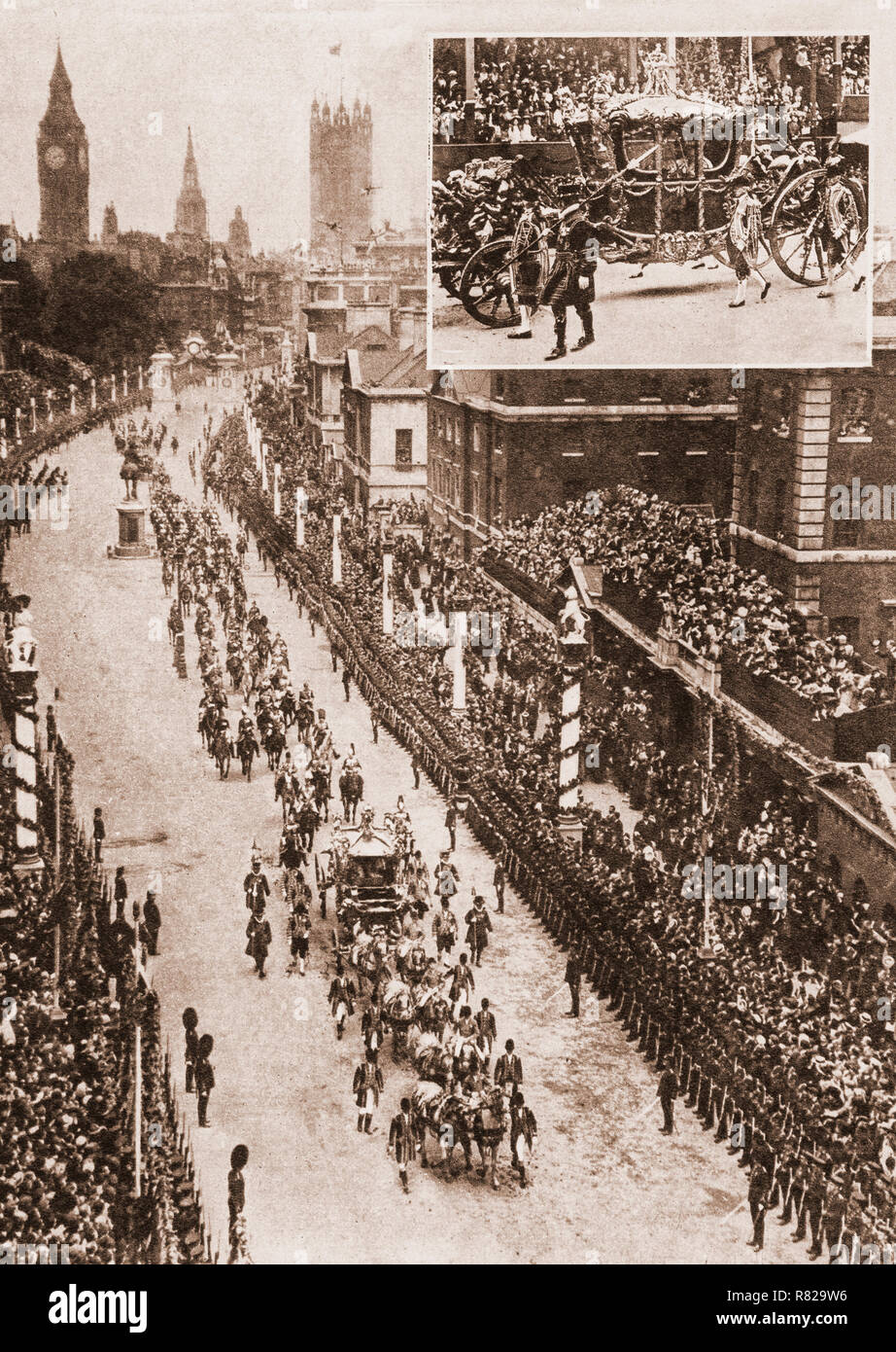 La processione di incoronazione di George V e Maria di Teck come il Re e la Regina del Regno Unito e del British Empire en route per l'Abbazia di Westminster, Londra, il 22 giugno 1911. Questo è stato il secondo dei quattro di tali eventi che si tengono durante il ventesimo secolo e l'ultima ad essere frequentato da royal rappresentanti della grande Europa continentale di imperi. Foto Stock