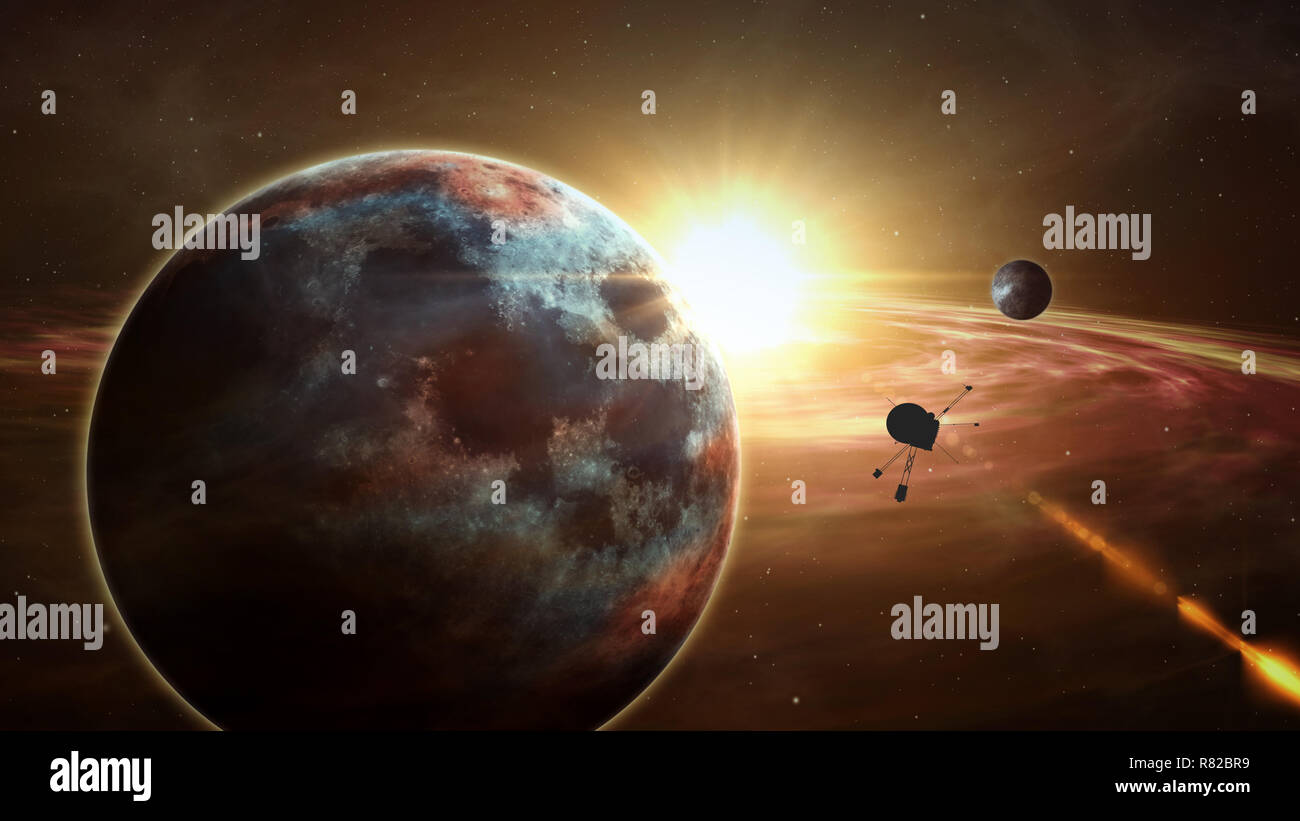 Sonda spaziale in orbita e esplorare distanti del sistema solare ed esopianeti. Realistico cosmo profondo viaggi via satellite di anni luce dalla terra 3D'illustrazione. Foto Stock