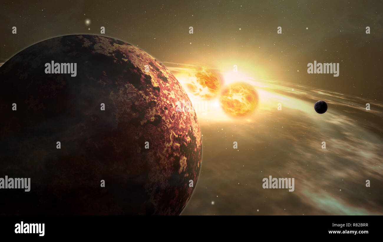 Exoplanet sunrise con doppio sistema star in background. Realistiche in 3D vista del pianeta e nebula nubi di gas in una lontana galassia. Cosmo esplorazione e Foto Stock