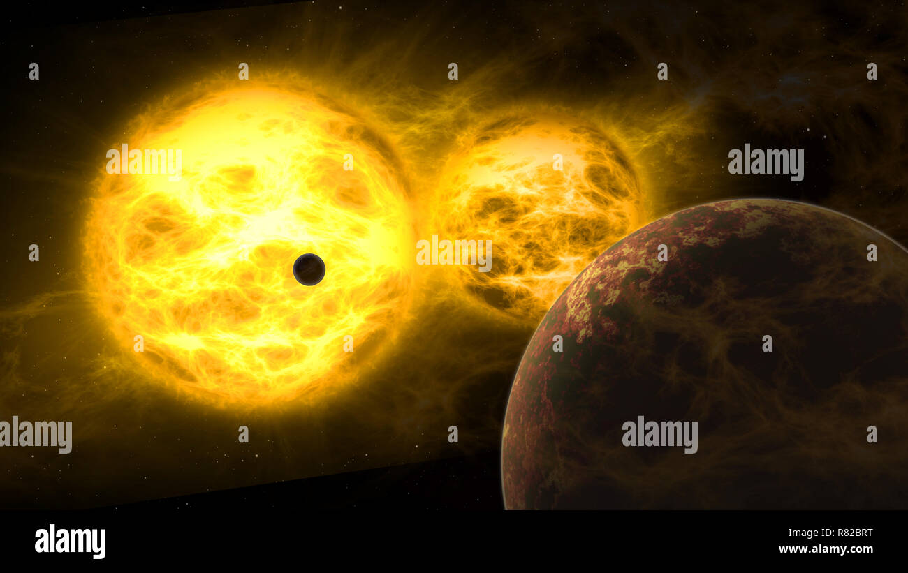 Sunrise exoplanet sulla doppia stella sistema solare. Lo spazio e il pianeta esplorazione di anni luce dalla terra. Cosmo lontano concetto di viaggio 3D'illustrazione. Foto Stock