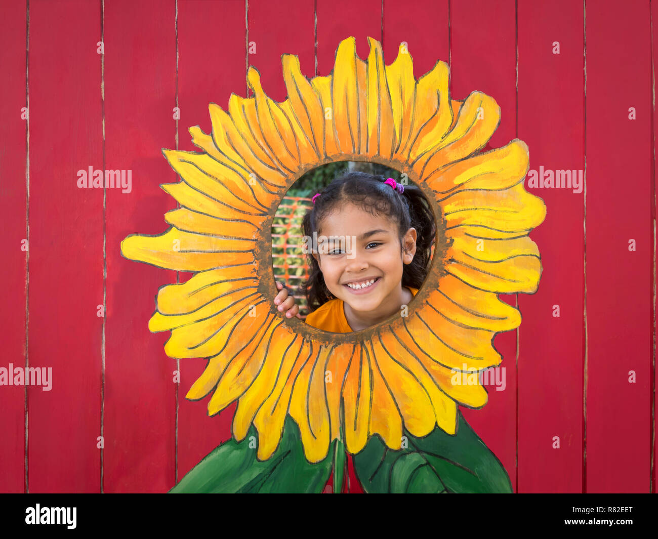 Un felice girly guarda al di fuori di un intaglio di semi di girasole. Un vivace ragazza bastoni la sua testa fuori di un girasole sfinestratura per una foto mentre stanno in piedi da dietro. Foto Stock