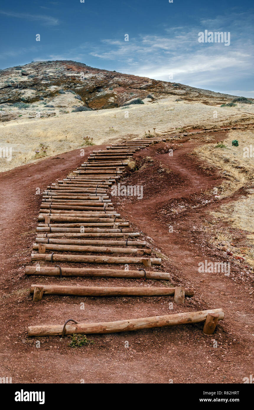 Paesaggio con parte del famoso sentiero escursionistico in Isola di Madeira, Portogallo. Scale realizzata del tutto naturale di vecchi tronchi di legno che giace sulla terra rossastra di uninh Foto Stock