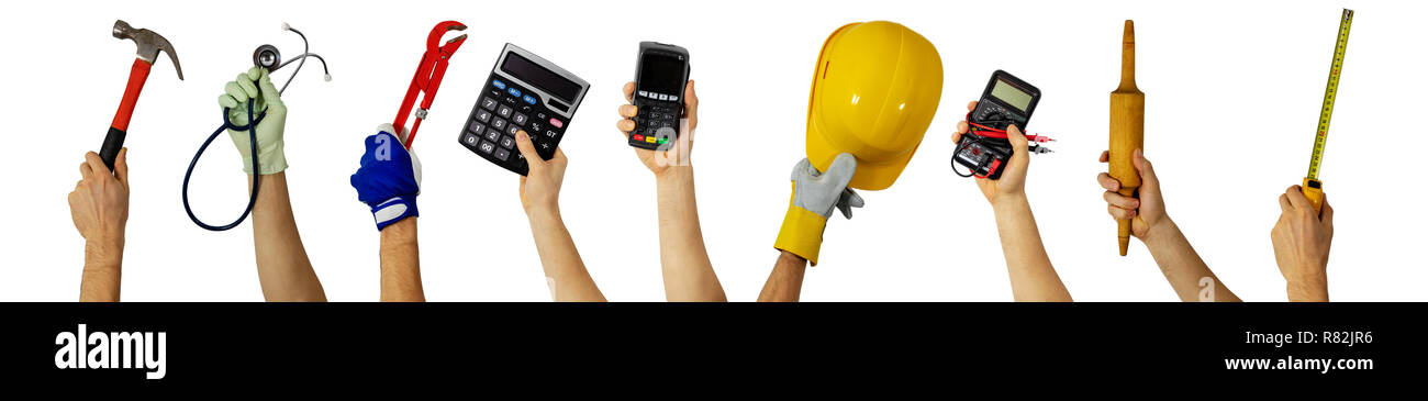 Forza lavoro - varie professione lavoratori con gli strumenti di lavoro nelle mani Foto Stock