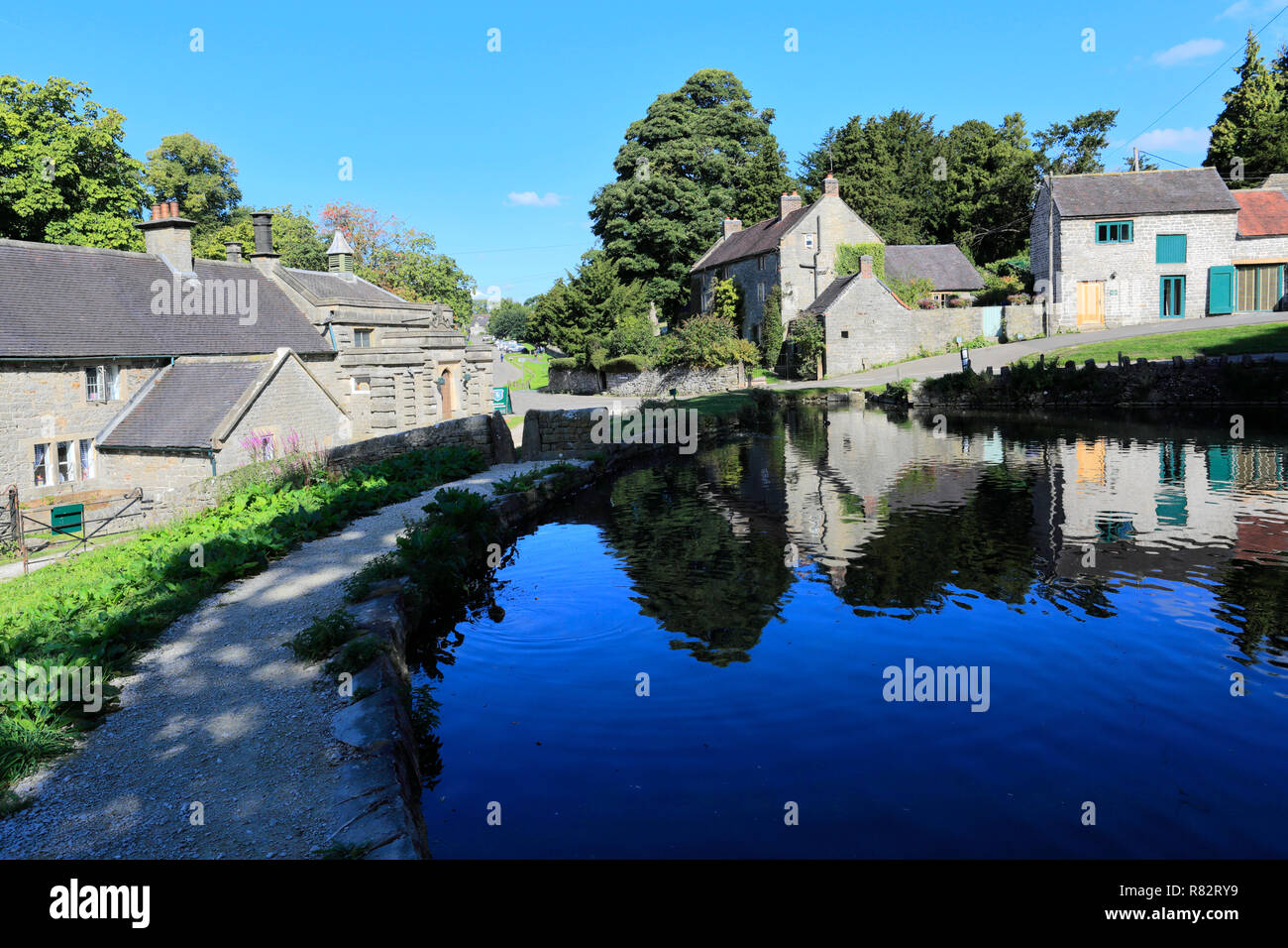 Il villaggio verde e uno stagno, villaggio Tissington, Parco Nazionale di Peak District, Derbyshire, England, Regno Unito Foto Stock