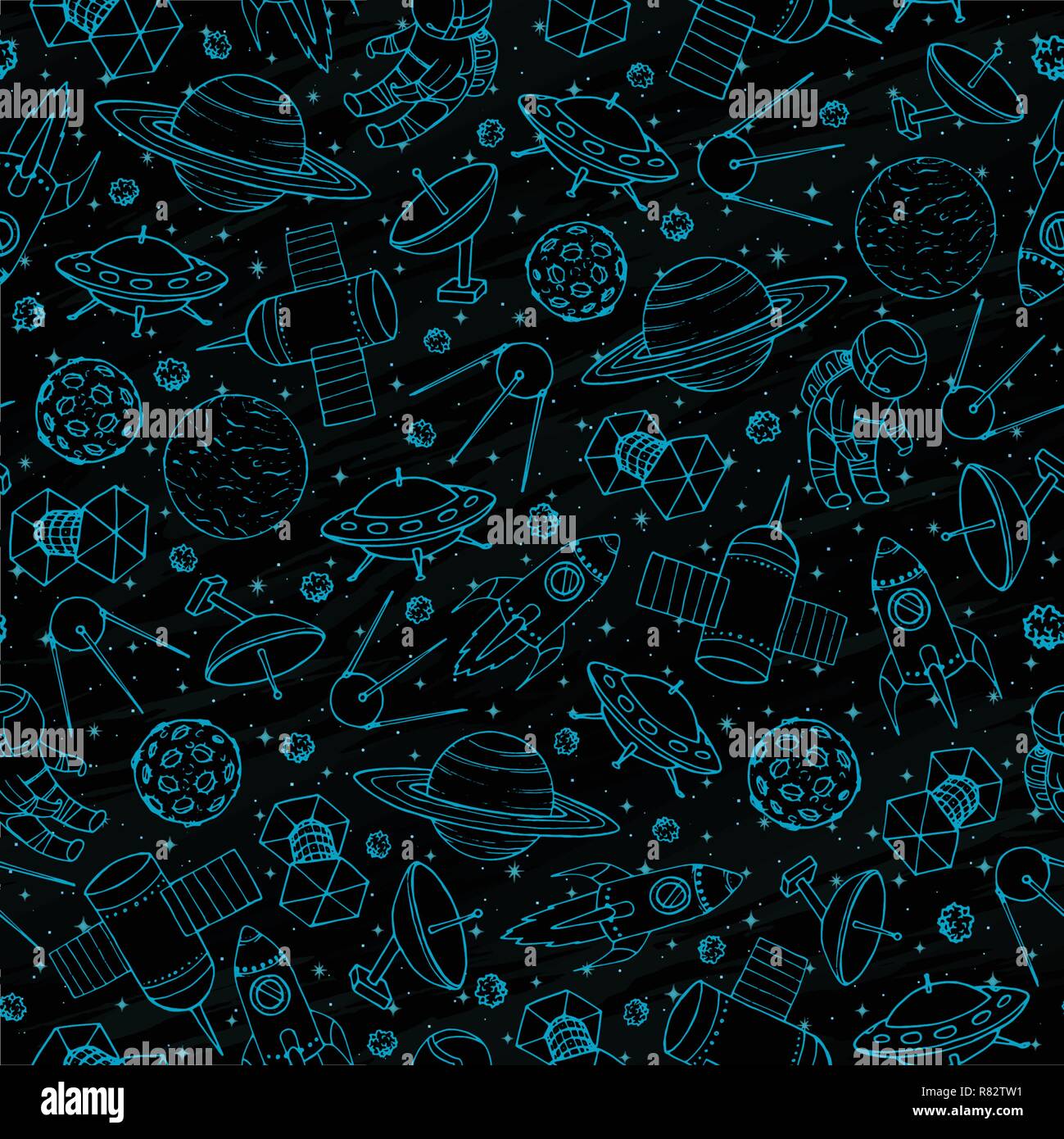 Vector seamless pattern con il pianeta Saturno, la luna, le stelle, i battenti di razzi, satelliti, UFO e astronauti sullo sfondo a trama. Disegnato a mano e di spazio Illustrazione Vettoriale