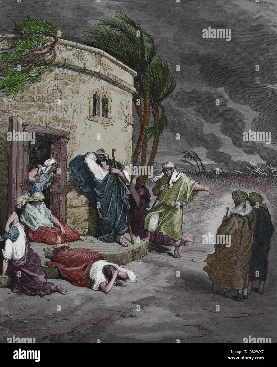 La bibbia. Audizione del lavoro della sua rovina. Lavoro 1:20-22. Incisione di Dore. Foto Stock