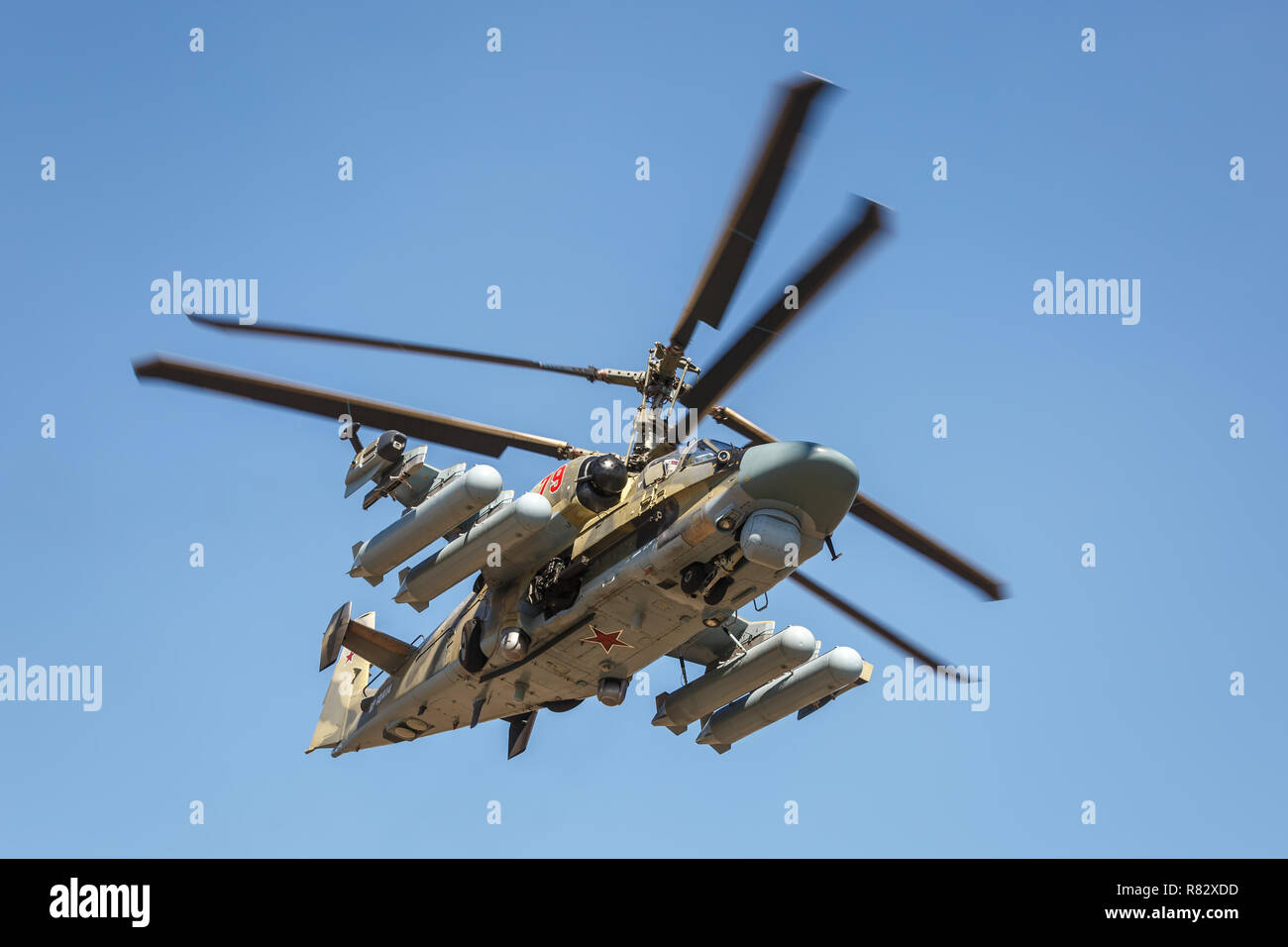 Elicottero d'assalto Ka-52 Alligator, denominato flying serbatoio. Parte inferiore laterale, in volo Foto Stock