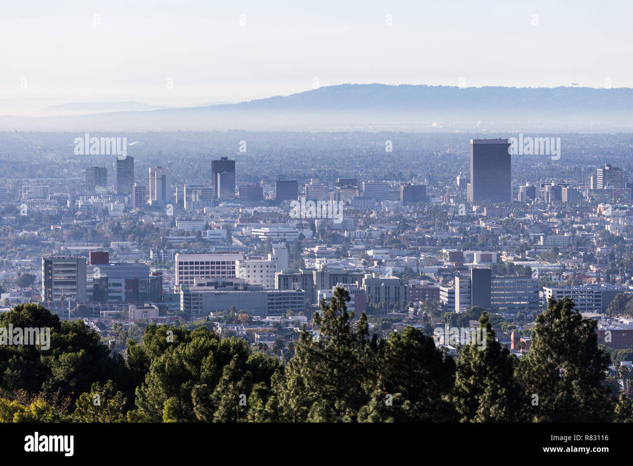 Mattina vista sullo skyline di Los Angeles metà città dal popolare parco Griffith vicino a Hollywood, in California. Foto Stock