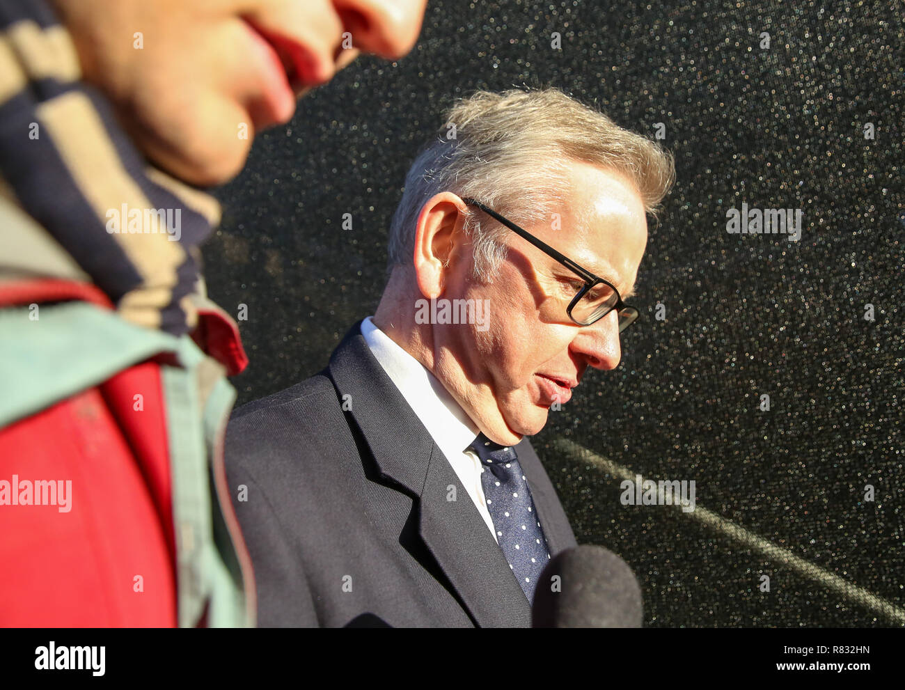 College Green, Westminster, London, Regno Unito 12 dic 2018 - Michael Gove - Segreteria di Stato per l'ambiente, l'alimentazione e gli affari rurali in College Green e parlando con i media.Il Primo Ministro britannico Theresa Maggio ha annunciato che sarà concorso che il voto di stasera di alcuna fiducia nella sua leadership. Credito: Dinendra Haria/Alamy Live News Foto Stock