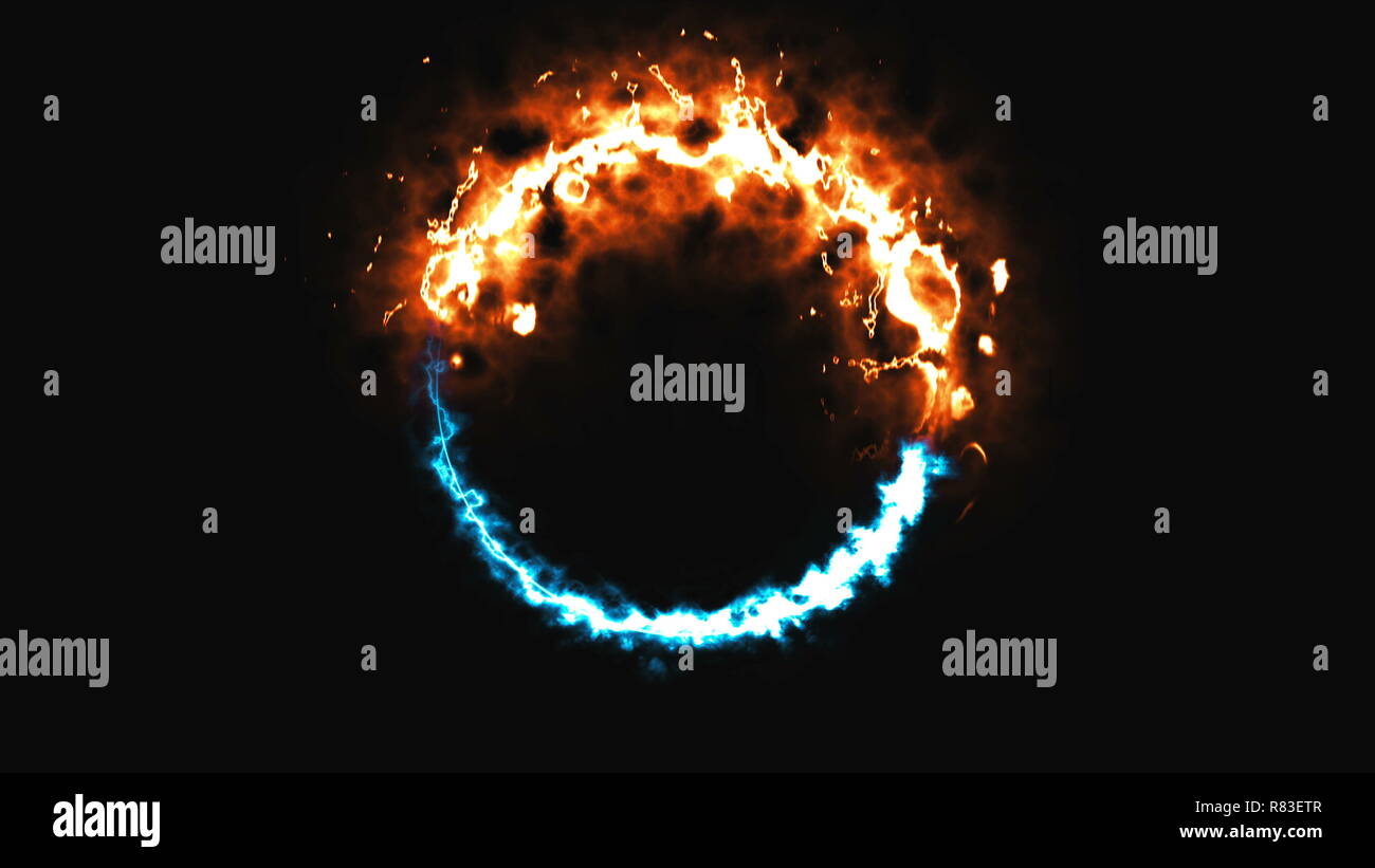 Luminoso fuoco dinamico e anello di ghiaccio nello spazio, questo è il simbolo di fronte, 3d rendering, computer sfondo generato Foto Stock