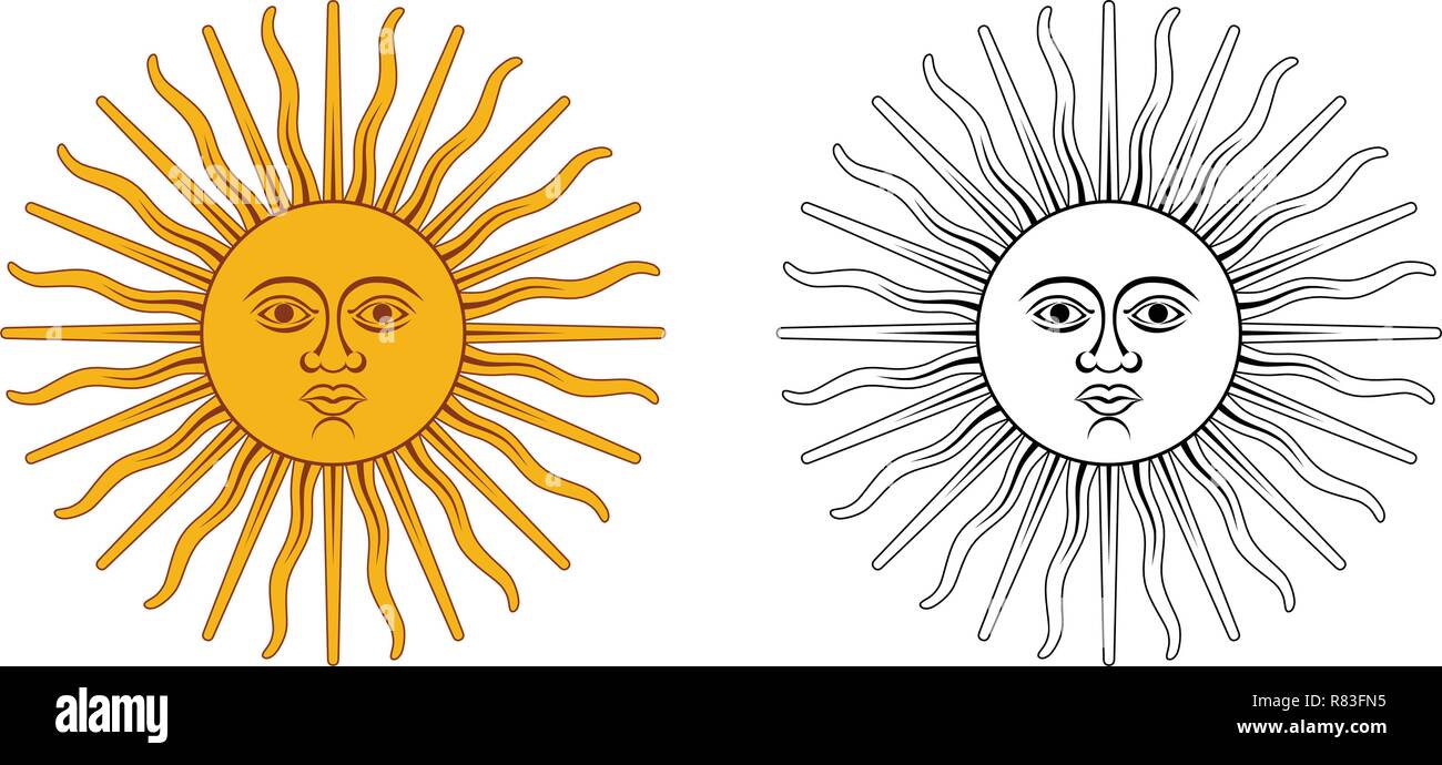 Sole di maggio - emblema nazionale di Argentina e Uruguay. Cerchio di colore giallo con volto umano, con raggi 32, 16 dritte / ondulata, che rappresenta il dio Inti. Illustrazione Vettoriale