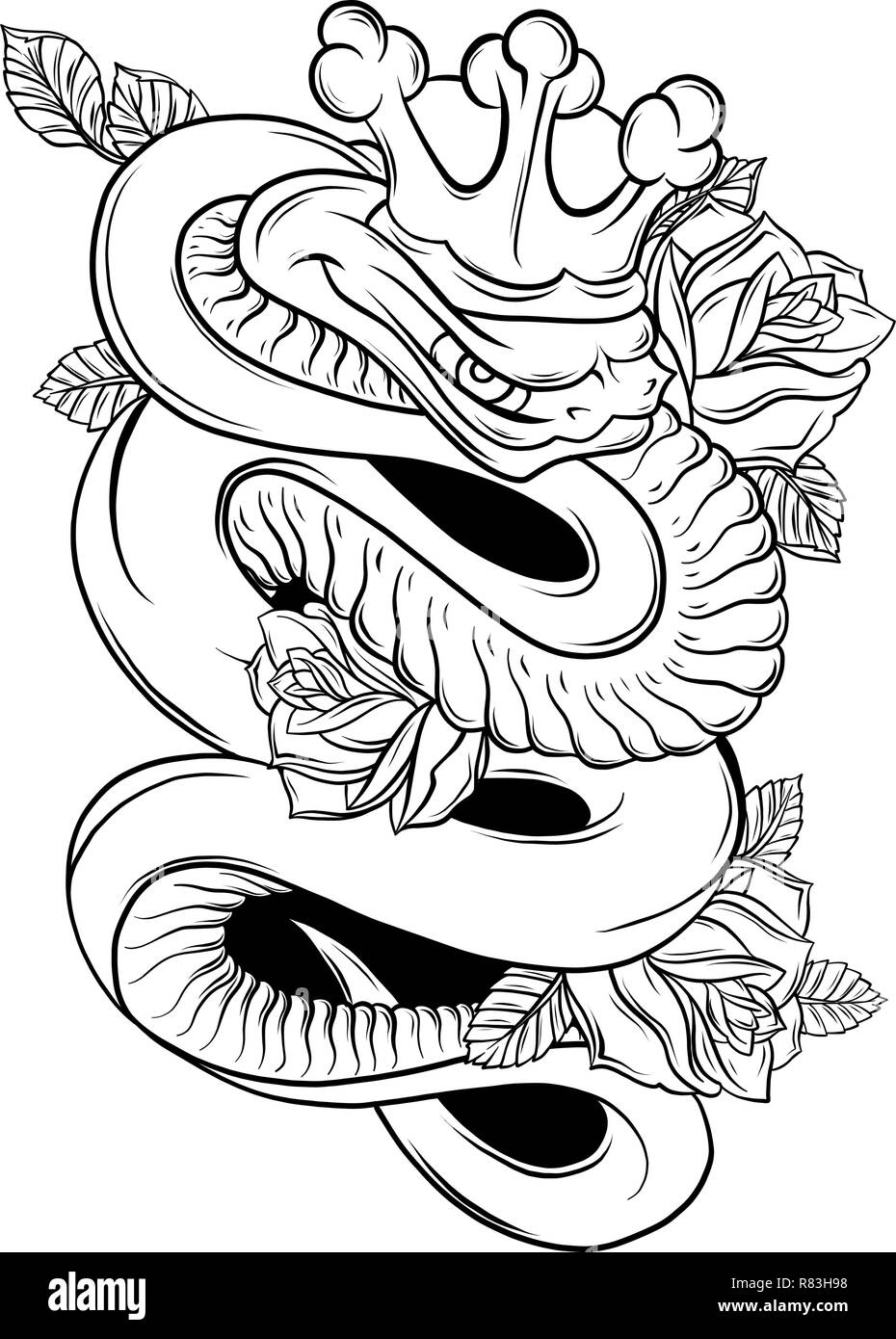 Illustrazione Vettoriale Snake e Rose tradizionale arte del tatuaggio Illustrazione Vettoriale
