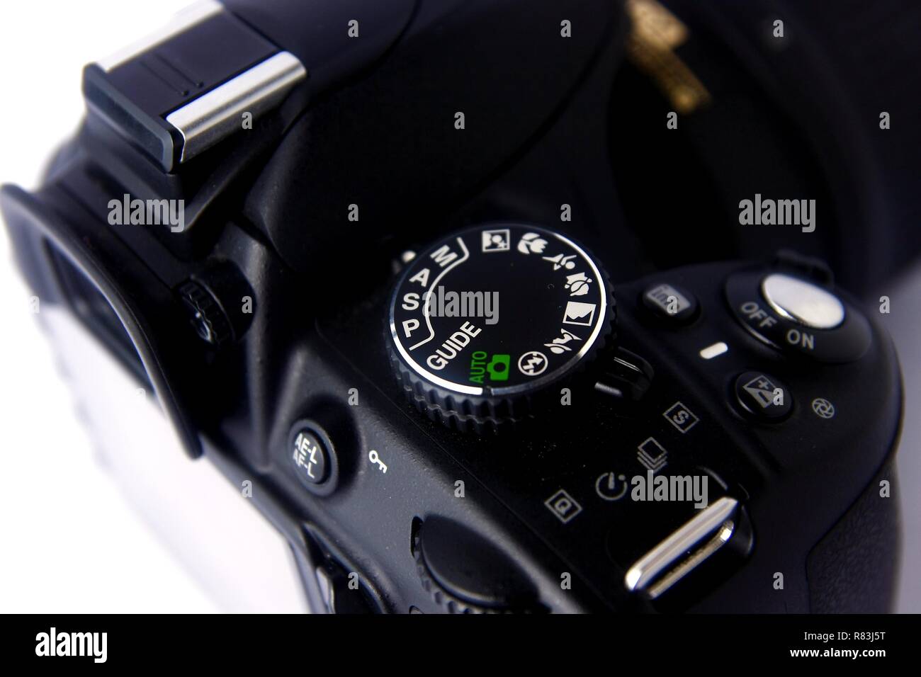 Foto di un quadrante di modalità di una fotocamera reflex digitale Foto Stock