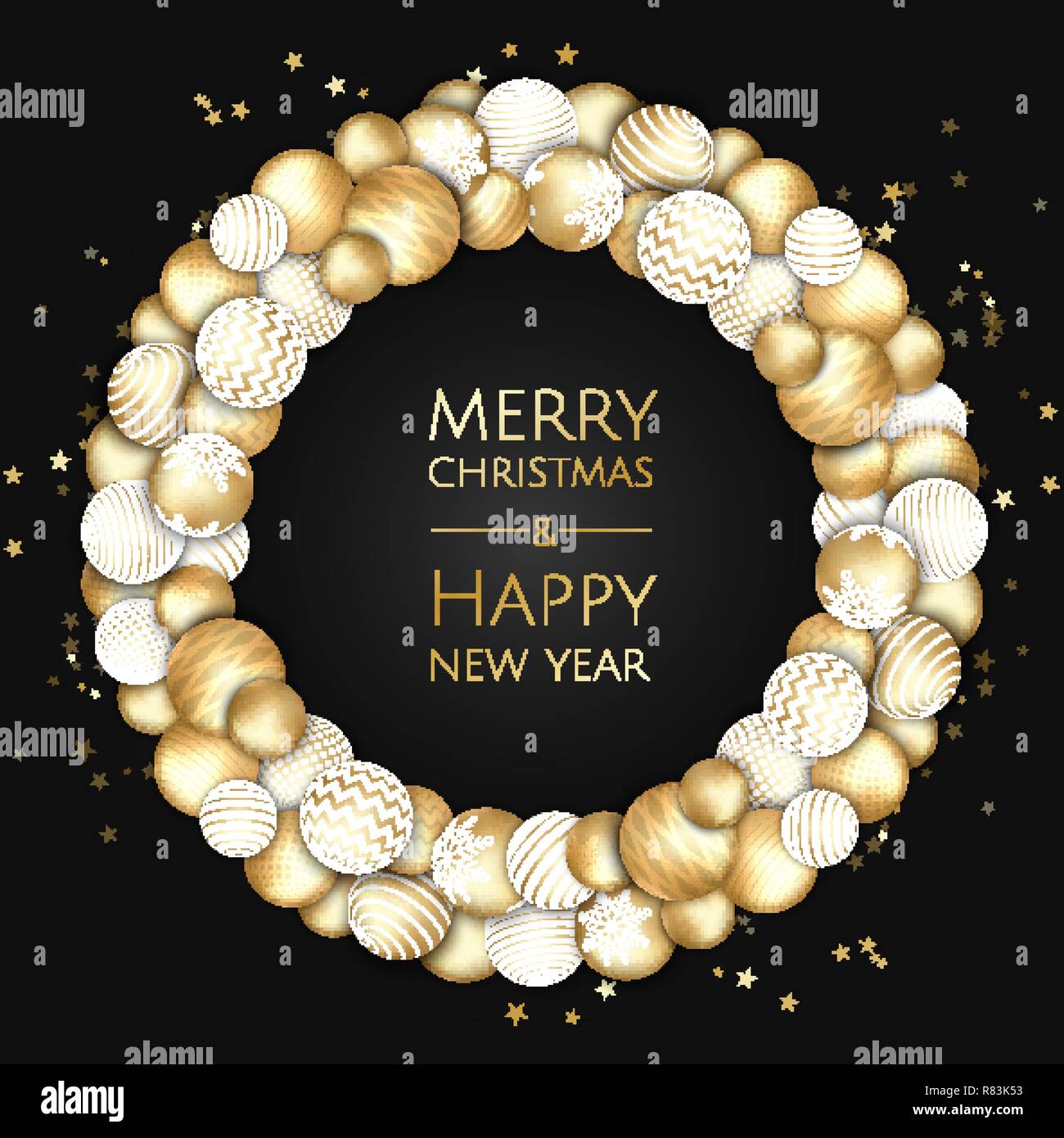 Buon Natale e Felice Anno Nuovo. Xmas sfondo con scatola regalo, fiocchi di neve e le sfere di design. Illustrazione Vettoriale