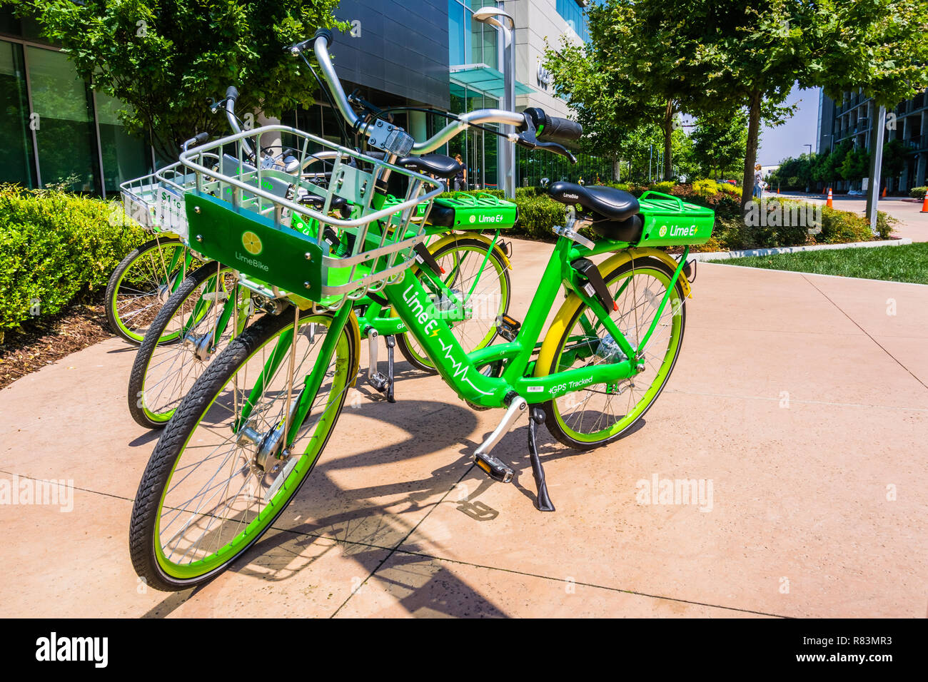 Agosto 9, 2018 Mountain View / CA / STATI UNITI D'AMERICA - Lime Biciclette parcheggiate all' LimeHub nel Samsung campus, Silicon Valley, South San Francisco Bay Area Foto Stock