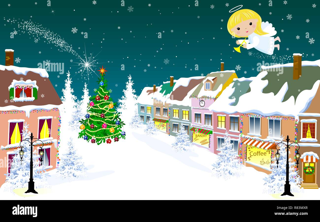 Christmas Angel vola nel cielo notturno sopra la città e gli alberi. Illustrazione Vettoriale