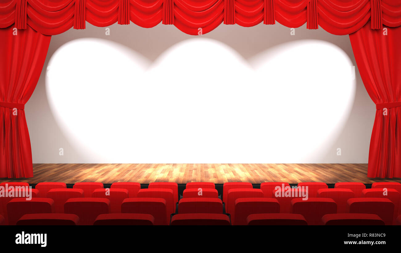 Svuotare sala teatro con palcoscenico, sipario rosso e sedi, rendering 3D Foto Stock