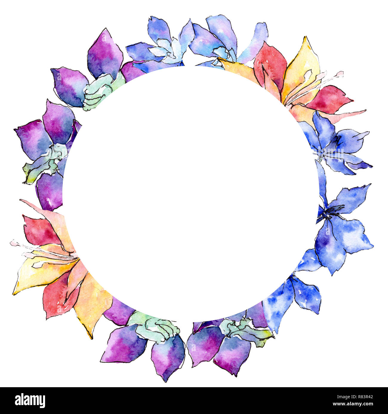 Viola, giallo e bianco fiori di orchidea. Floreale di fiori botanica. Acquerello illustrazione dello sfondo impostato. Bordo del frame ornamento ghirlanda. Foto Stock