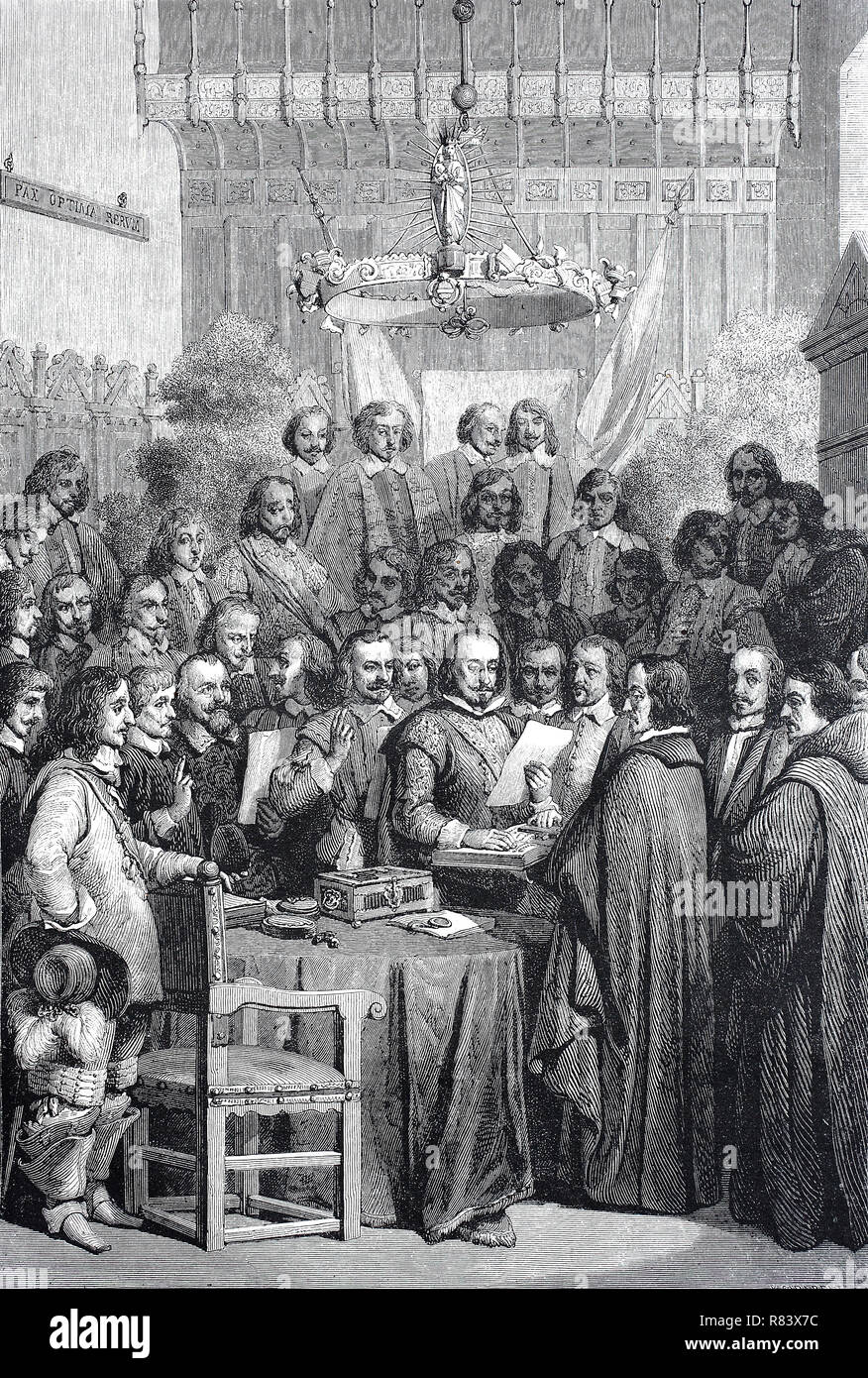 La riproduzione digitale migliorata, il giuramento della ratifica del trattato di Münster nel 1648, Germania, Der Friede von Münster, Deutschland, da una stampa originale dell'anno 1855 Foto Stock