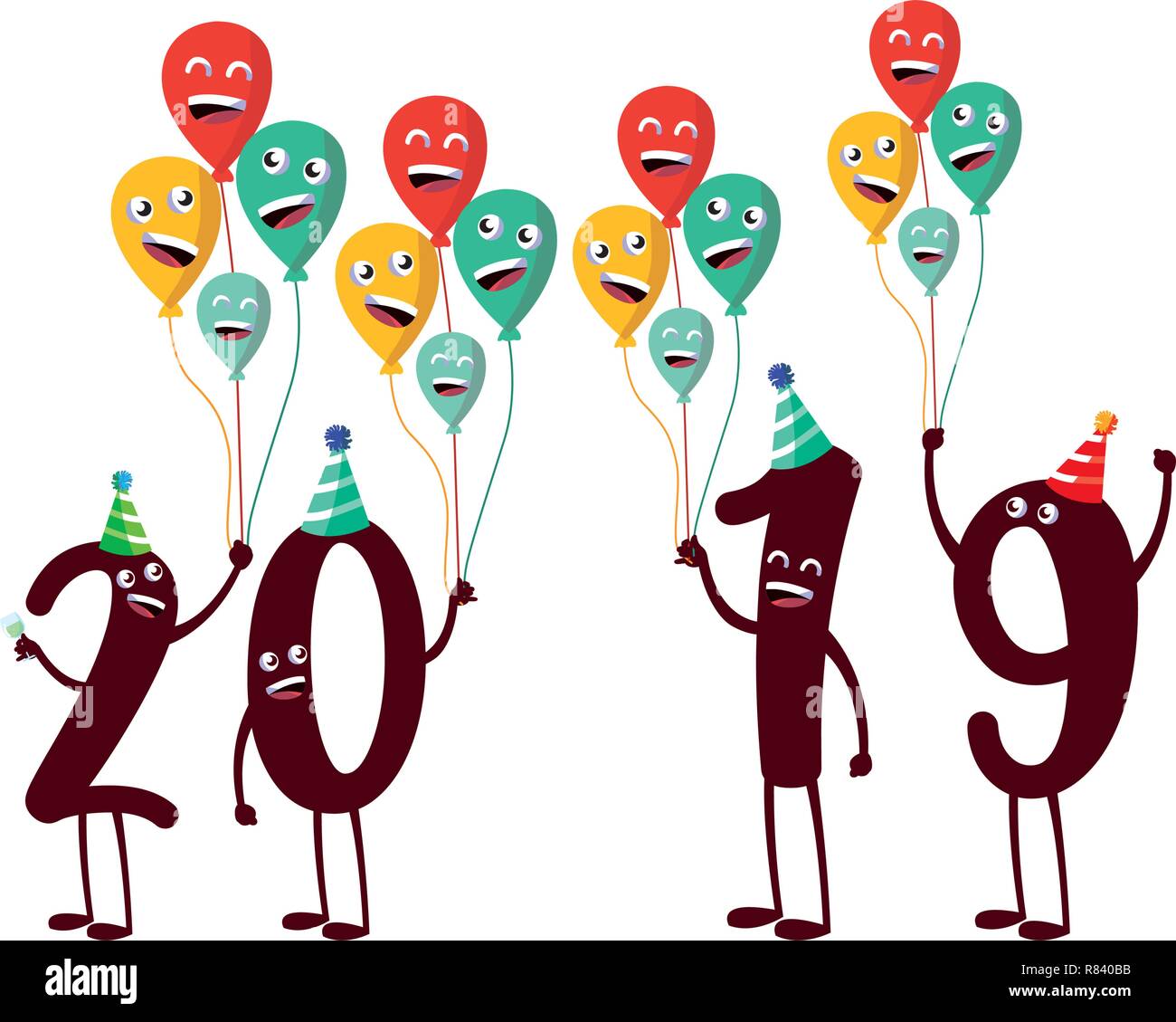 Cartoon 2019 numeri e palloncini su sfondo bianco, design colorato, illustrazione vettoriale Illustrazione Vettoriale