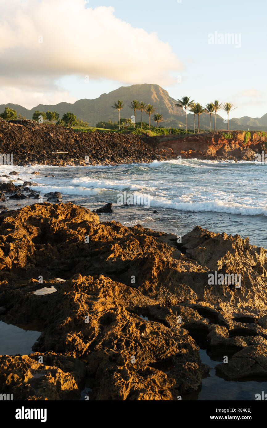 Una piccola caletta rocciosa lungo la riva con palme e Haupu Mountain in background, Kauai, Hawaii Foto Stock