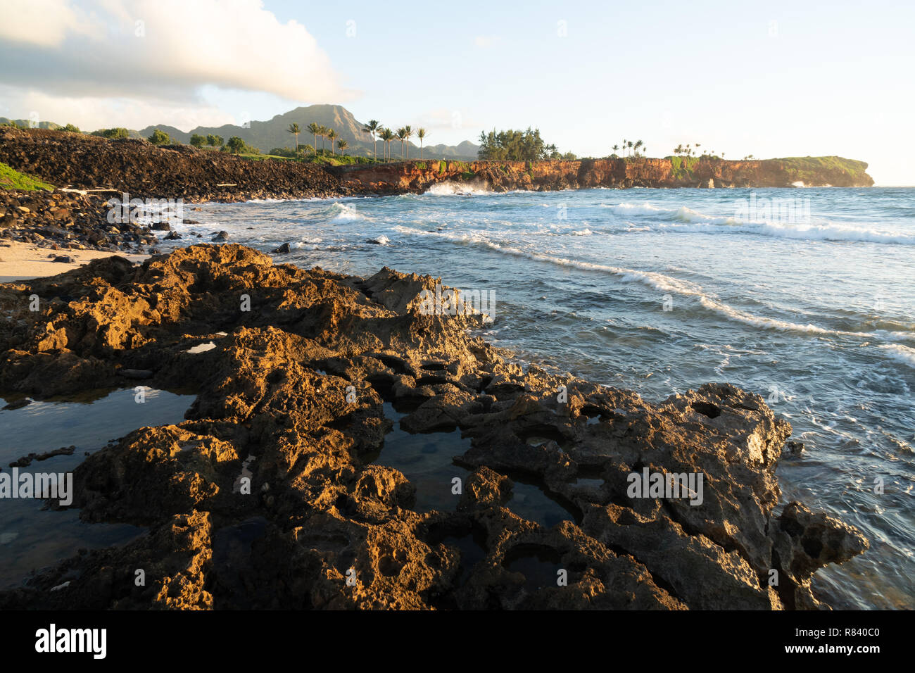 Una piccola caletta rocciosa lungo la riva con palme e Haupu Mountain in background, Kauai, Hawaii Foto Stock